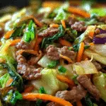Beef and Cabbage Stir Fry – Hearty & Quick Winter Meal 9 A colorful and hearty beef and cabbage stir fry with carrots, garlic, and leafy greens, served hot in a skillet.