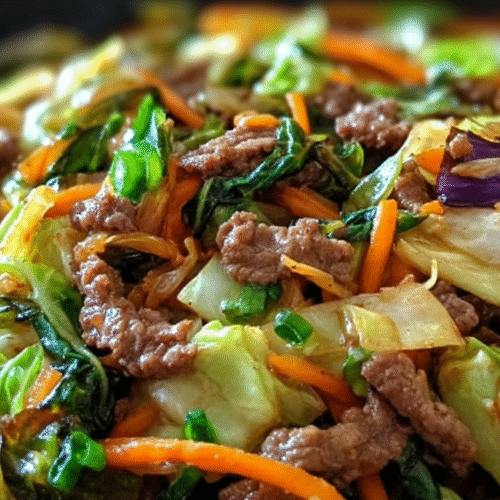 A colorful and hearty beef and cabbage stir fry with carrots, garlic, and leafy greens, served hot in a skillet.