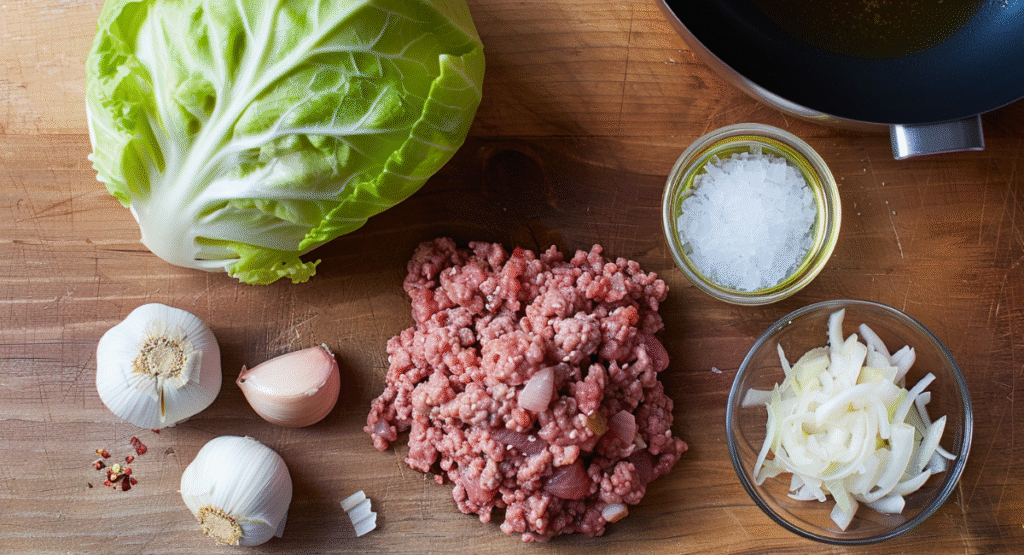 Overhead view of ingredients for beef and cabbage stir fry including green cabbage, garlic, chopped onion, ground beef, oil, and salt on a wooden cutting board.