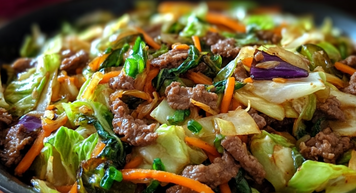 A colorful and hearty beef and cabbage stir fry with carrots, garlic, and leafy greens, served hot in a skillet.