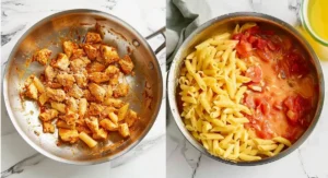 Two pans showing steps in making Buffalo Chicken Pasta on a white marble countertop.