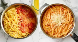 Two pans showing further steps in making Buffalo Chicken Pasta on a white marble countertop.