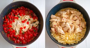 A diptych shows two stages of cooking Cajun Cream Cheese Chicken Pasta. The left side shows a black pan with diced red tomatoes, pieces of cooked chicken, and dollops of cream cheese and other creamy ingredients, with chopped green herbs sprinkled on top. The right side shows a black pan with cooked fettuccine pasta mixed with the cooked chicken and a creamy sauce, seasoned with red pepper flakes.