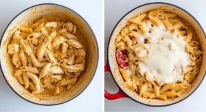 A diptych shows two further stages of preparing Cajun Cream Cheese Chicken Pasta in a red and cream Dutch oven. The left side shows cooked penne pasta and chicken coated in a creamy sauce, ready for the next step. The right side shows the same mixture topped with melted white cheese, with a red spatula resting in the pot.