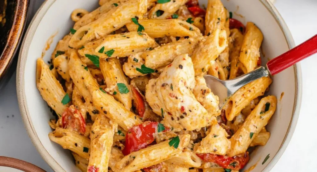A close-up overhead shot shows a creamy bowl of Cajun Cream Cheese Chicken Pasta with penne noodles, tender chicken pieces, diced tomatoes, and fresh parsley, being lifted with a silver fork with a red handle.