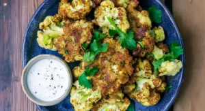 A dark blue plate holding golden brown Cauliflower Fritters, garnished with cilantro and accompanied by a small bowl of white sauce.