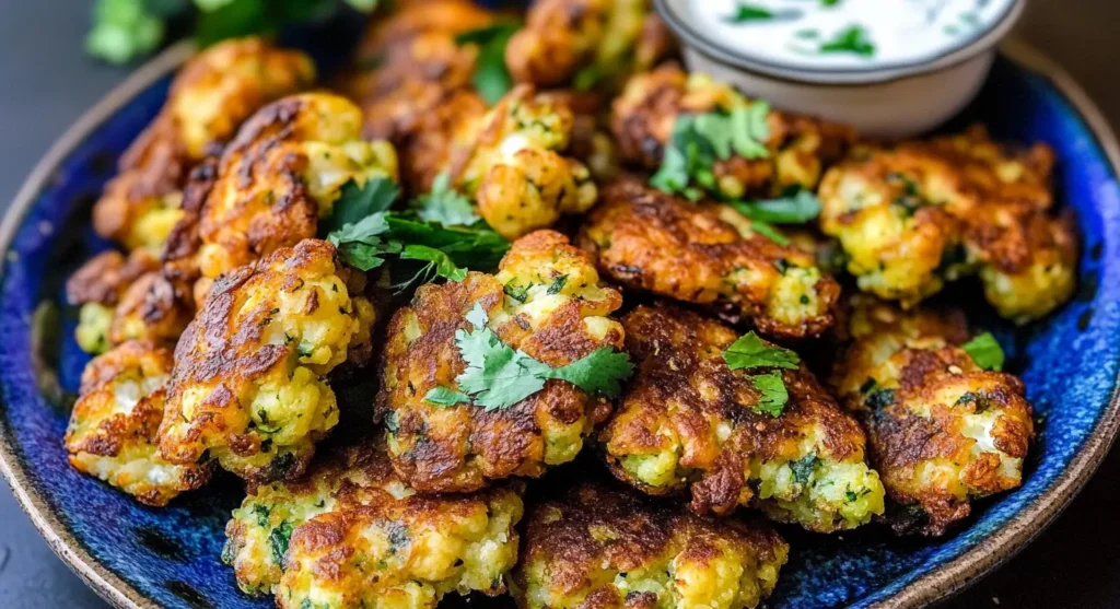 A vibrant blue plate filled with golden brown Cauliflower Fritters, garnished with fresh cilantro and served with a small bowl of creamy white dipping sauce.