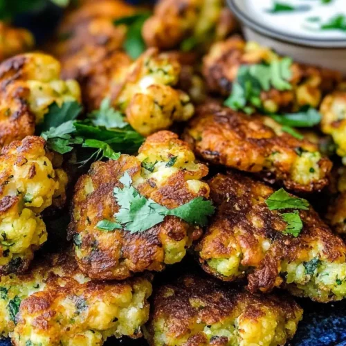 A vibrant blue plate filled with golden brown Cauliflower Fritters, garnished with fresh cilantro and served with a small bowl of creamy white dipping sauce.