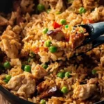 A close-up of flavorful Chicken Fried Rice Recipe being served with a black spoon, showcasing visible pieces of chicken, peas, and colorful vegetables in a dark pan.