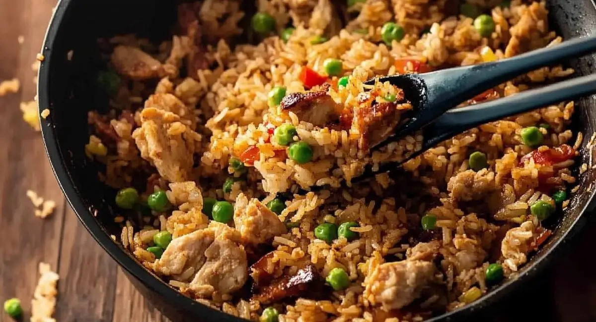 A close-up of flavorful Chicken Fried Rice Recipe being served with a black spoon, showcasing visible pieces of chicken, peas, and colorful vegetables in a dark pan.