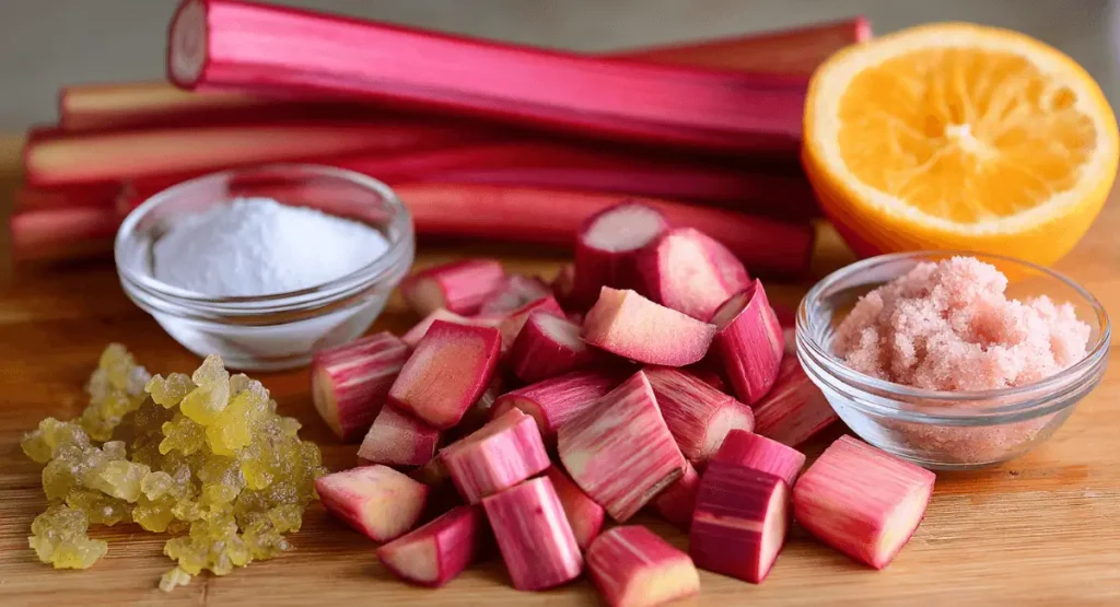 Chopped rhubarb with sugar, orange, and ginger for stewing