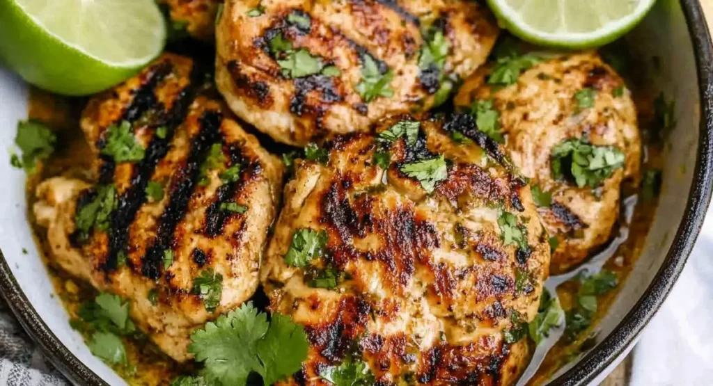 Close-up of several grilled Cilantro Lime Chicken breasts, garnished with fresh cilantro and lime wedges, sitting in a shallow dish with their flavorful sauce.