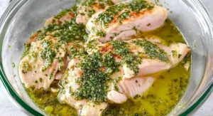 Raw chicken breasts are generously coated in a vibrant green Cilantro Lime Chicken marinade inside a clear glass bowl.