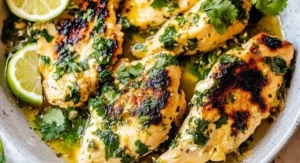 An overhead view of several grilled Cilantro Lime Chicken pieces in a light sauce, garnished with fresh cilantro and lime wedges.