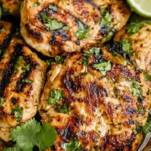 Close-up of several grilled Cilantro Lime Chicken breasts, garnished with fresh cilantro and lime wedges, sitting in a shallow dish with their flavorful sauce.