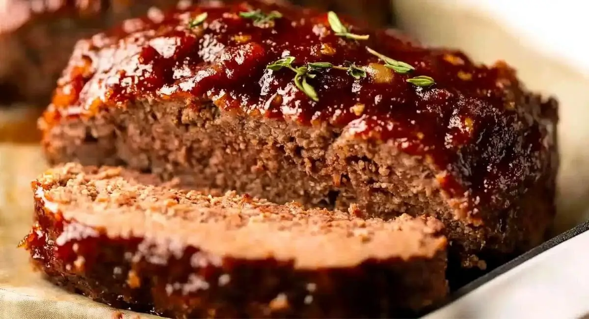 A close-up of a sliced classic meatloaf recipe, generously glazed with a rich, glossy sauce and garnished with fresh thyme sprigs, showcasing its moist interior.