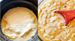 A split image showing the preparation of the sauce for Creamy Buffalo Garlic Parmesan Pasta. The left side depicts a light-colored creamy base with a mound of grated cheese being added, while the right side shows a thicker, yellowish sauce with visible black specks and red pepper flakes, being stirred with a wooden spoon.