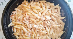 An overhead shot of a black bowl filled with Creamy Buffalo Garlic Parmesan Pasta, where penne pasta and shredded chicken are coated in a creamy, pale sauce with visible specks of seasoning.