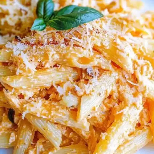 A close-up overhead shot of a plate of Creamy Buffalo Garlic Parmesan Pasta, showcasing penne pasta coated in a vibrant orange-red sauce, generously topped with grated Parmesan cheese and two fresh green basil leaves.