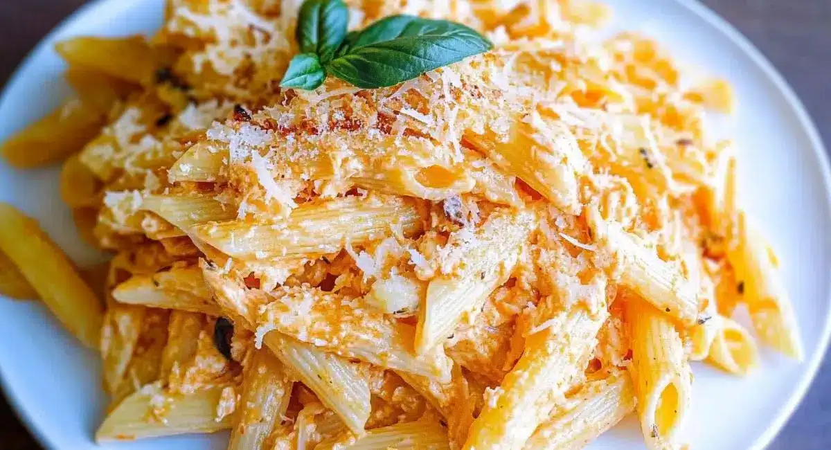 A close-up overhead shot of a plate of Creamy Buffalo Garlic Parmesan Pasta, showcasing penne pasta coated in a vibrant orange-red sauce, generously topped with grated Parmesan cheese and two fresh green basil leaves.