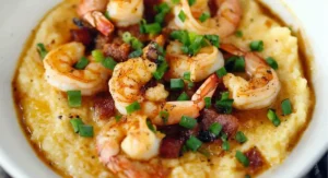 A close-up of Shrimp and Grits in a white bowl, featuring sautéed shrimp, bits of bacon, and chopped green onions.