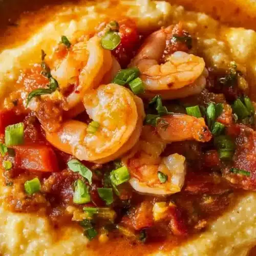 A creamy bowl of Shrimp and Grits, topped with sautéed shrimp, diced tomatoes, and chopped green onions in a rich, reddish sauce.
