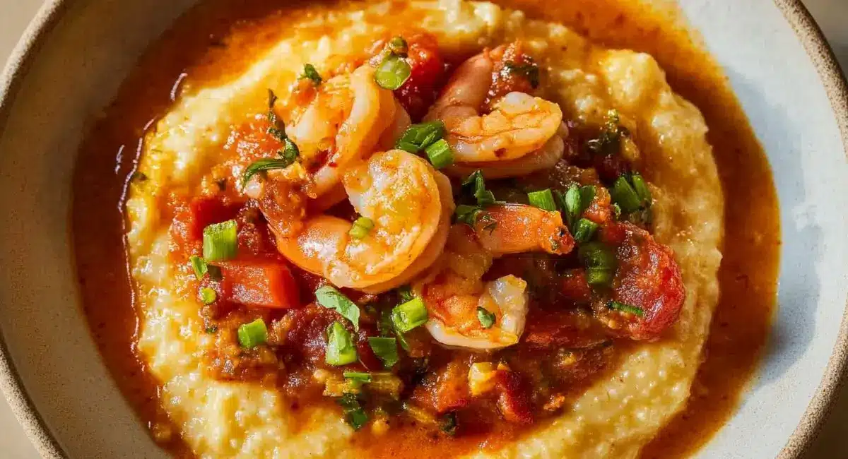 A creamy bowl of Shrimp and Grits, topped with sautéed shrimp, diced tomatoes, and chopped green onions in a rich, reddish sauce.