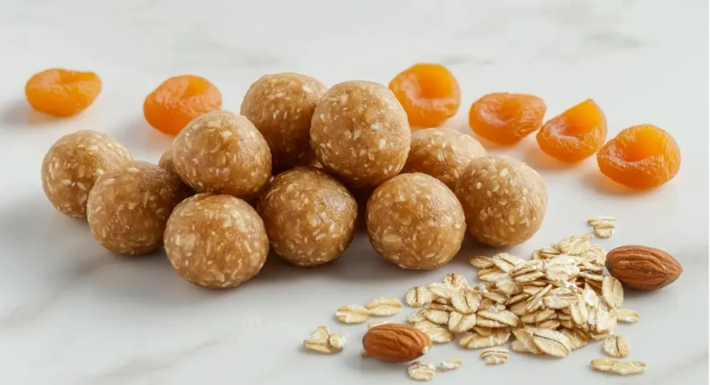 A bowl of energy bites sits beside halved dried apricots and a bowl of more apricots in syrup, showcasing Dried Apricot Recipes.