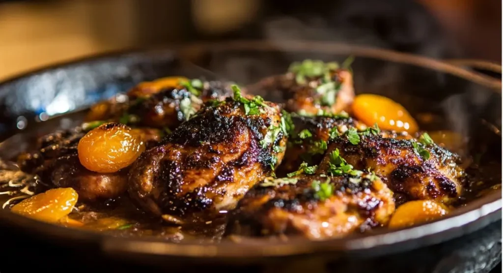 Glazed chicken thighs with dried apricots and fresh parsley in a skillet, a delicious example of Dried Apricot Recipes.