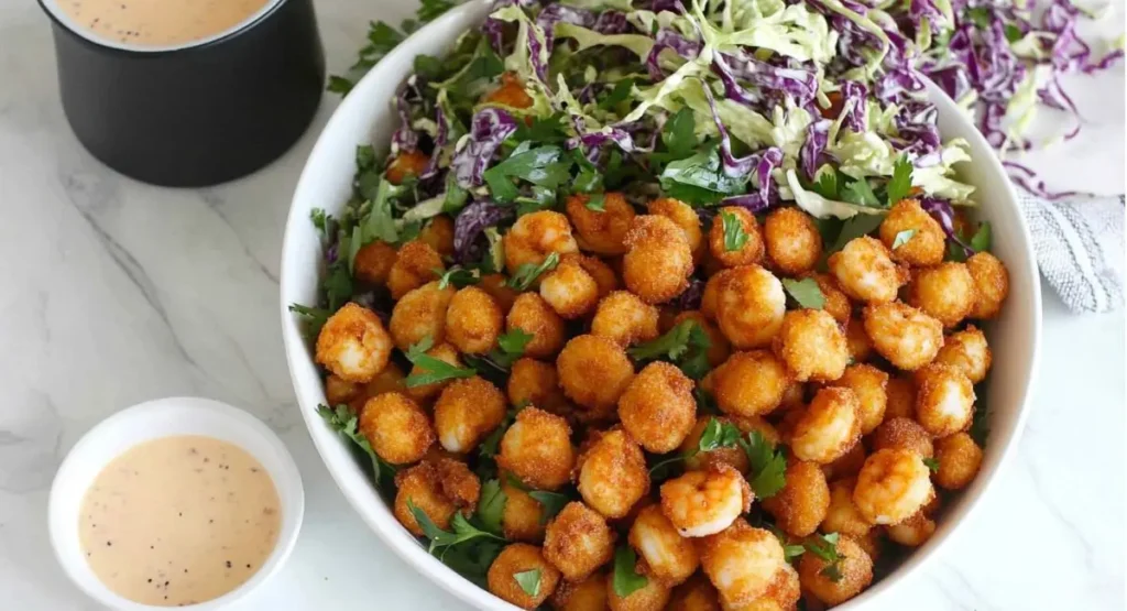 An overhead view of a white bowl with separated components of EASY Popcorn Shrimp Salad: crispy shrimp, mixed greens, purple cabbage, and dressing in smaller bowls.