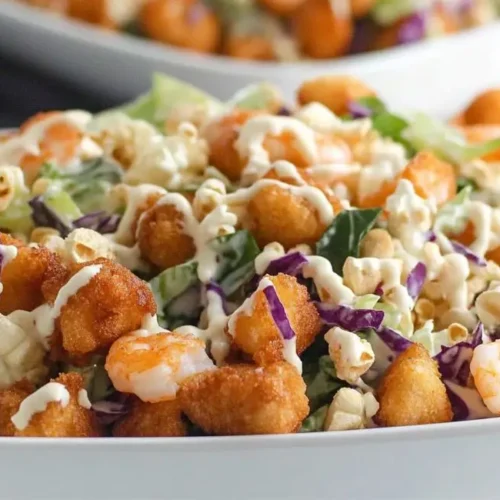 A close-up of a white square bowl filled with EASY Popcorn Shrimp Salad, featuring crispy shrimp, mixed greens, purple cabbage, and a creamy dressing.