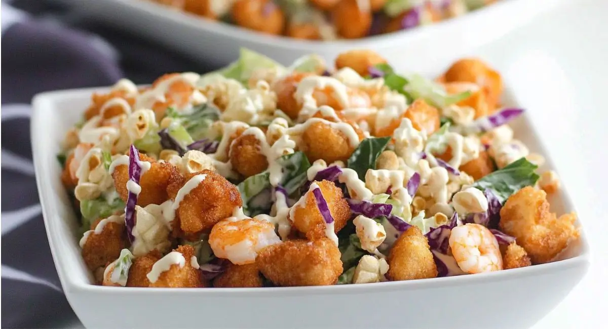 A close-up of a white square bowl filled with EASY Popcorn Shrimp Salad, featuring crispy shrimp, mixed greens, purple cabbage, and a creamy dressing.