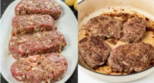 A split image showing uncooked seasoned ground beef patties on a white plate on the left, and browned hamburger steaks cooking in a skillet on the right.