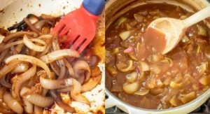 A split image showing sliced onions caramelizing in a skillet on the left, and a wooden spoon stirring brown gravy with softened onions in a pot on the right.