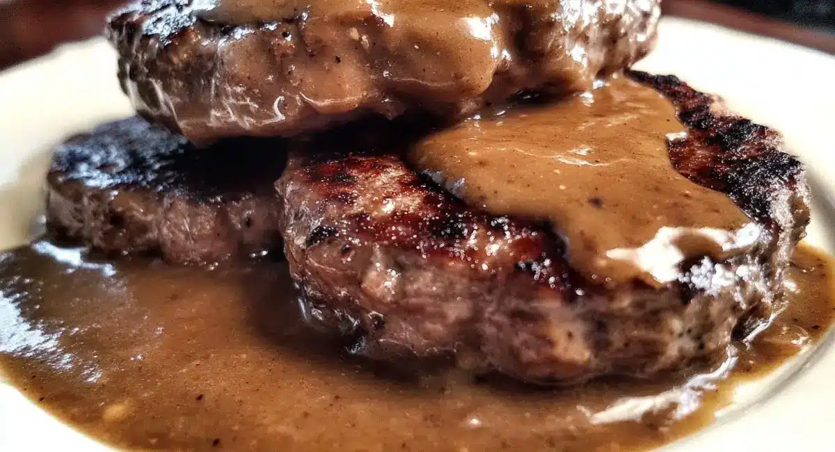 A close-up shot of two juicy Hamburger Steaks with Brown Gravy stacked on a white plate, with extra gravy pooled around the base.
