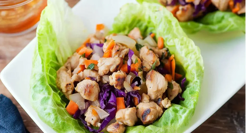 A serving of Healthy Honey Chicken Lettuce Wraps on a white plate.