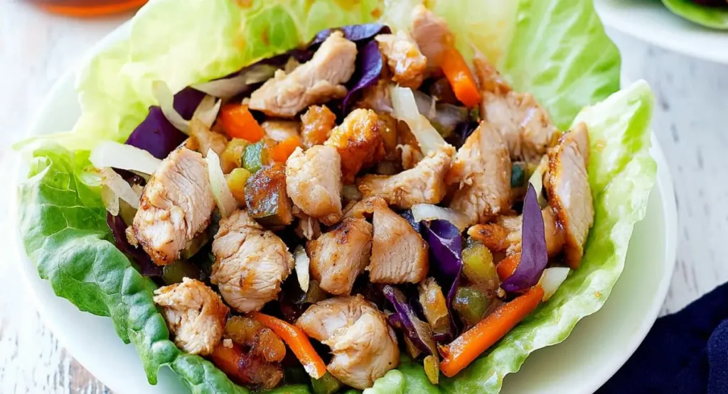 Two servings of Healthy Honey Chicken Lettuce Wraps on a white plate.