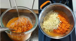 Two-part image showing the preparation of Hearty Scottish Lentil Soup: A Wholesome Comfort Classic; left shows red lentils being rinsed under running water, right shows rinsed lentils with shredded cheese and chopped herbs in a pot.