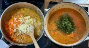 Two-part image showing further stages of preparing Hearty Scottish Lentil Soup: A Wholesome Comfort Classic; left shows a wooden spoon mixing lentils with carrots, potatoes, and cheese, right shows the soup simmering with fresh herbs.