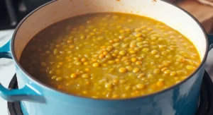 A pot of simmering Hearty Scottish Lentil Soup: A Wholesome Comfort Classic on a stovetop.