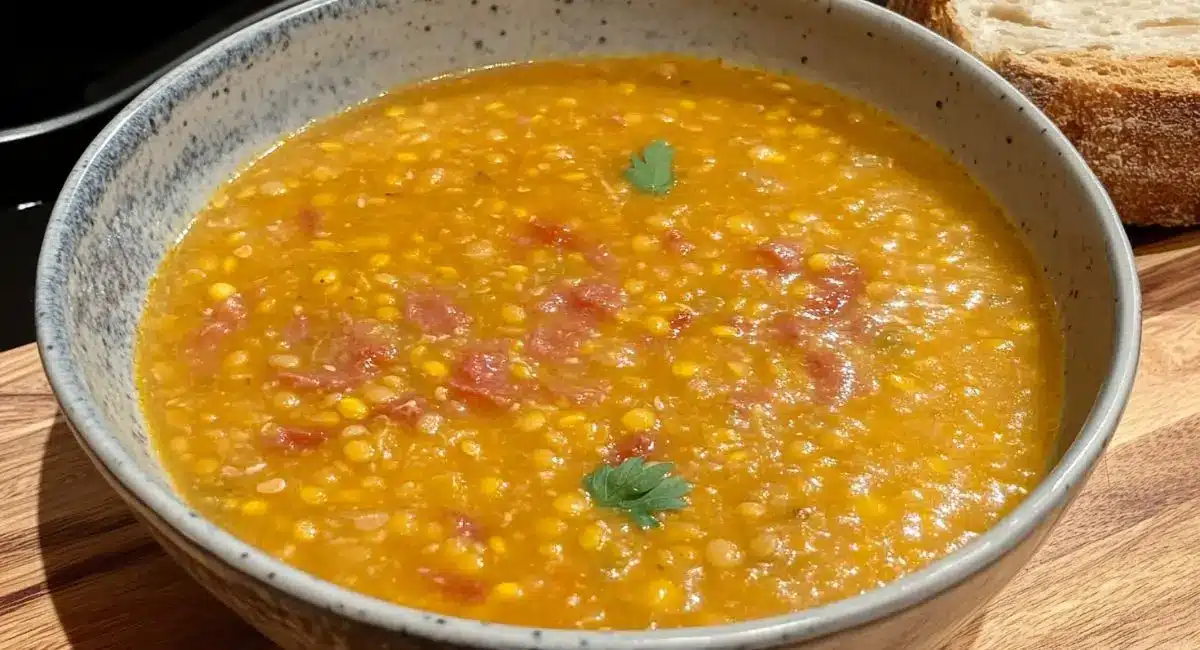 A full bowl of Hearty Scottish Lentil Soup: A Wholesome Comfort Classic, garnished with fresh parsley, sits on a wooden surface next to slices of bread.