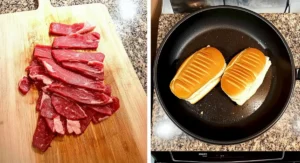 Ingredients for a Philly Cheesesteak Recipe: sliced raw beef on a wooden board and toasted rolls in a skillet.