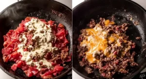 Two stages of cooking the steak and cheese for a Philly Cheesesteak Recipe in a black skillet.