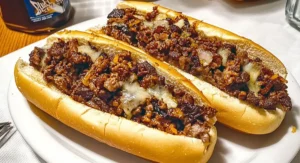 Two fully prepared Philly Cheesesteak sandwiches on a white plate, ready to be served. Philly Cheesesteak Recipe.