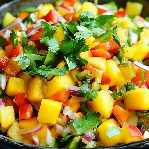 A dark bowl filled with a mixed Indian Style Chaat Masala Mango Salad Recipe, featuring diced mangoes, tomatoes, red onions, cucumbers, and cilantro, tossed together.