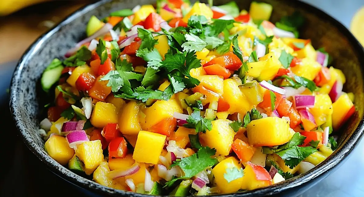 A dark bowl filled with a mixed Indian Style Chaat Masala Mango Salad Recipe, featuring diced mangoes, tomatoes, red onions, cucumbers, and cilantro, tossed together.