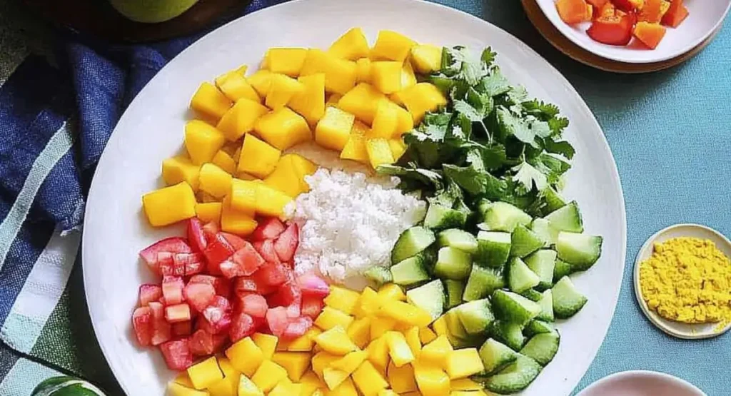 A white plate with distinct sections of ingredients for Indian Style Chaat Masala Mango Salad Recipe: diced mangoes, tomatoes, white rice, cilantro, and cucumbers, with a small dish of yellow powder, possibly chaat masala.