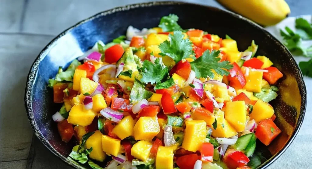 A black bowl brimming with Indian Style Chaat Masala Mango Salad Recipe, showcasing diced mangoes, tomatoes, red onions, cilantro, and possibly avocado, served over lettuce.