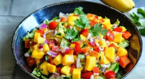 A black bowl brimming with Indian Style Chaat Masala Mango Salad Recipe, showcasing diced mangoes, tomatoes, red onions, cilantro, and possibly avocado, served over lettuce.