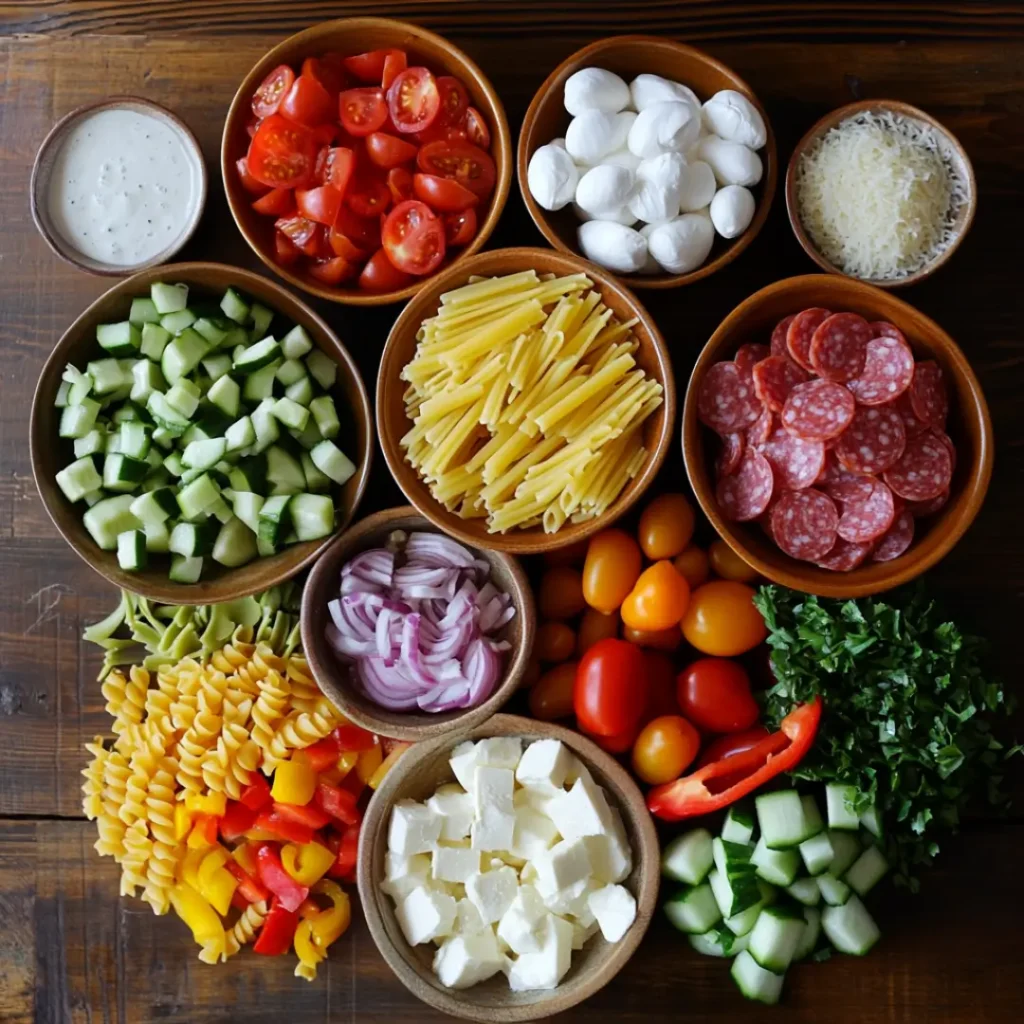A colorful Italian pasta salad with rotini, cherry tomatoes, cucumber, olives, and herbs served in a white bowl—perfect for summer gatherings.